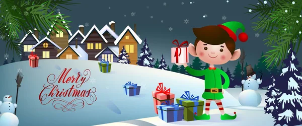 Різдвяний Дизайн Банерів Радісний Ельф Подарунки Снігу Сільські Будинки Сніговики — стоковий вектор