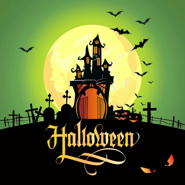 Halloween lettering with moon, cemetery and castle. Invitation or advertising design. Handwritten text, calligraphy. For leaflets, brochures, invitations, posters or banners.