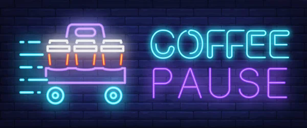 Kaffeepause Schild Neon Stil Blaue Und Lila Schriftzüge Und Kaffeetassen — Stockvektor