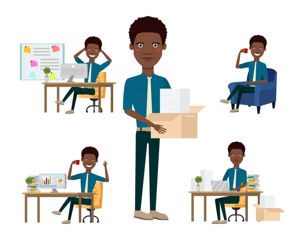 非洲办公室员工性格设置与不同的姿态 市场管理员 金融分析师 咖啡休息 可用于办公室工作 经理等领域 — 图库矢量图片