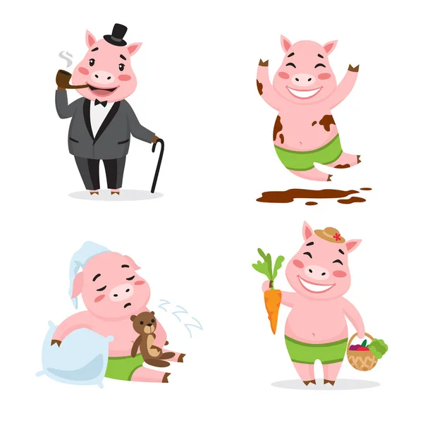 可爱的猪喜欢不同的动作 卡通人物集 泥浆滚滚 收获病媒图解可用于幼儿园 小学教育 — 图库矢量图片