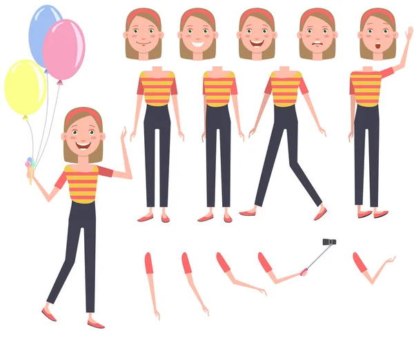 Excited pretty girl with heap of colorful balloons character set with different poses, emotions, gestures. Parts of body, monopod. Can be used for topics like birthday, celebration, teenager