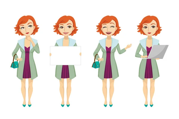 Fashionable Redhead Woman Purple Dress Character Set Different Poses Emotions — Stock Vector