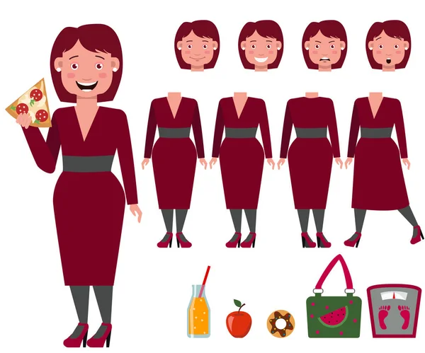 Gruba Pani Sukience Jedząca Pizzę Różnymi Postaciami Emocjami Gestami Część — Wektor stockowy