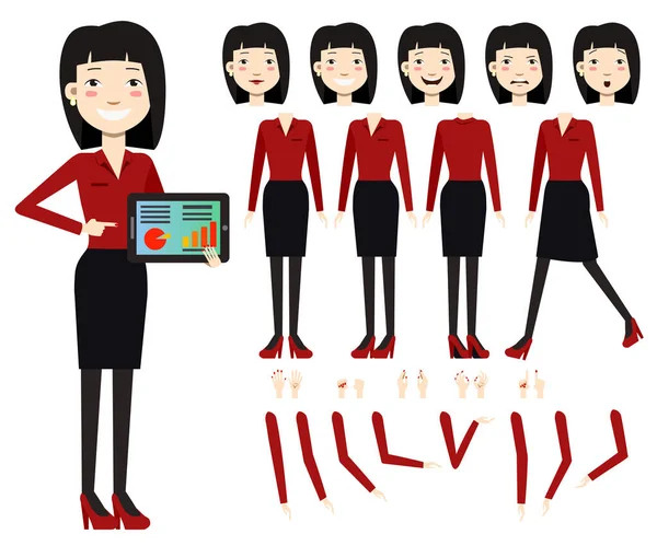 Płaskie Ikony Zestaw Kobiet Biznesu Wykresami Ekranie Tabletu Widoki Pozy — Wektor stockowy