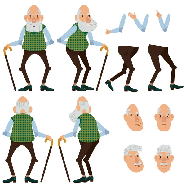 Platte Iconen Set Van Oude Man Met Stok Bekeken Poses — Stockvector