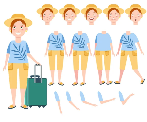 戴着太阳帽 头戴行李的快乐女性游客有着不同的姿势 情感和姿势 身体的一部分 可用于旅行 旅行等主题 — 图库矢量图片