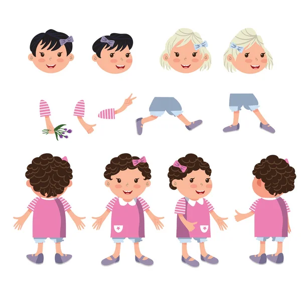 小女孩的角色设置有着不同的姿势和姿态 动画构造函数 前视图 后视图和侧视图 可用于诸如童年 孩子等话题 — 图库矢量图片