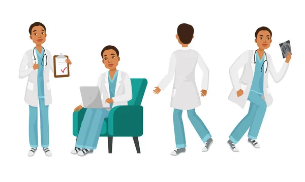 男医生角色设置与不同的姿势 医疗记录 与计算机 射线摄影工作 可用于医院 实习生 — 图库矢量图片