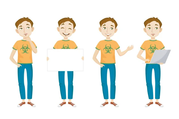 穿着印有生物危害标志的T恤的男性天才有着不同的姿势 情感和姿势 一部分嬉皮士 笔记本电脑 可用于化学 青少年等课题 — 图库矢量图片
