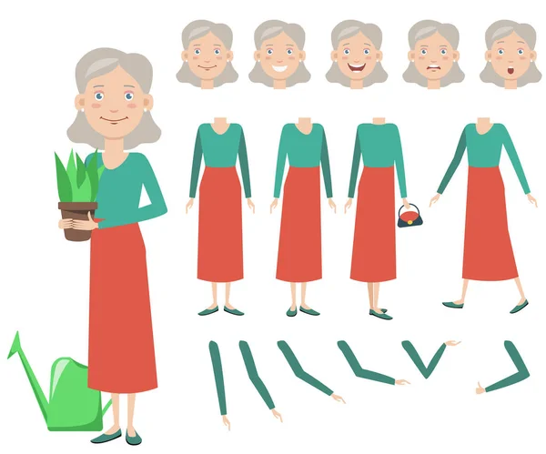 Mooie Grootmoeder Met Potplant Karakter Set Met Verschillende Houdingen Emoties — Stockvector