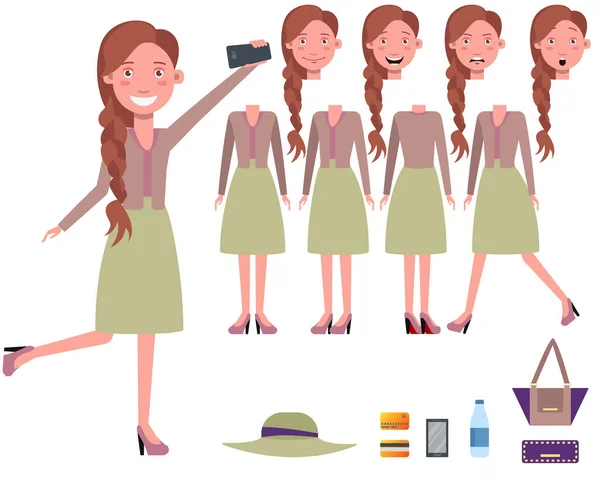 古板的女人带着不同的姿势 姿势的自拍角色 身体的一部分 智能手机 信用卡 可用于生活方式 淑女等话题 — 图库矢量图片