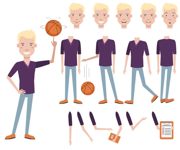 Succesvolle Knappe High School Basketbalspeler Karakter Set Met Verschillende Poses — Stockvector