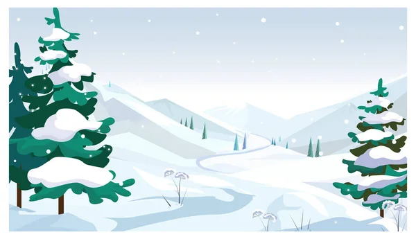 Zimní Pole Padajícím Vektorem Sněhu Ilustrace Borovice Sněhem Větvích Koncept — Stockový vektor