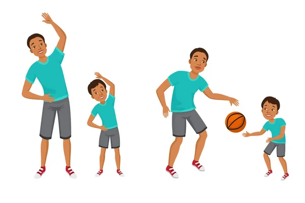 身穿运动服的青年男子和男孩喜欢体育锻炼 爸爸和儿子打篮球 病媒图解可用于家庭 保持健康 健康的生活方式 — 图库矢量图片