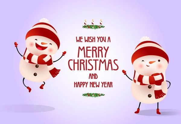 Christmas New Year Poster Design Happy Snowmen Dancing Having Fun — Stock Vector