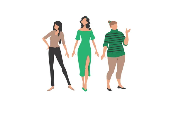 Trzy Kobiety Reprezentujące Różne Style Typy Ciała Ubrania Styl Figura — Wektor stockowy