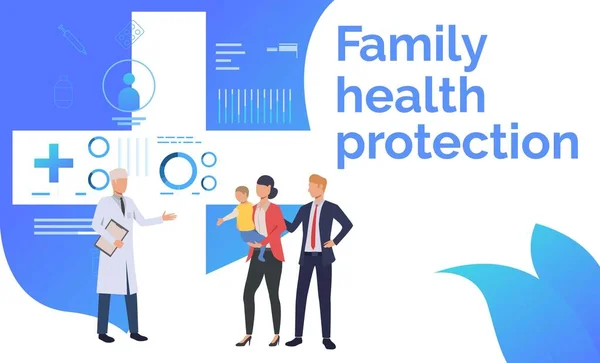 Family visiting doctor at health center vector illustration. Heath center, healthcare, diagnostic center. Family health protection concept. Creative design for presentations, templates, banners