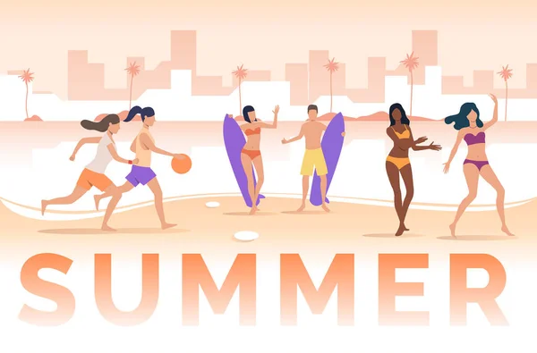 Summer lettering, people playing and holding surfboards on beach. Leisure, holiday, activity concept. Presentation slide template. Vector illustration for topics like summer, tourism, vacation