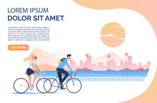 Woman and man riding bicycles, sun, cityscape and sample text. Tourism, activity, leisure concept. Vector illustration can be used for topics like summer, holiday, sport