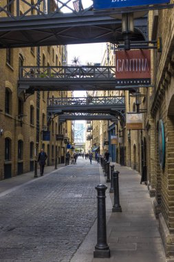Converted warehouses in Shad Thames, a historic riverside street next to Tower Bridge in Bermondsey, London, England