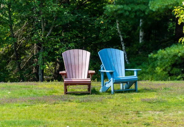 Colourful chairs at a park with trees in the background.