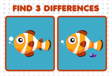 Education game for children find three differences between two cute clown fish