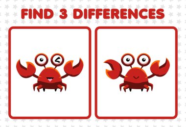 Education game for children find three differences between two cute crab