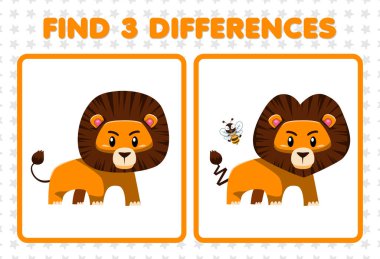 Education game for children find three differences between two cute lion