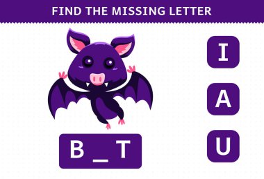 Education game for children find missing letter cute cartoon bat