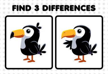 Education game for children find three differences between two cute toucan bird