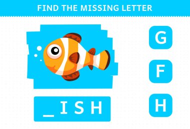 Education game for children find missing letter cute cartoon fish