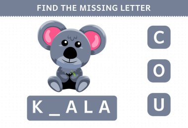 Education game for children find missing letter cute cartoon koala