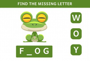 Education game for children find missing letter cute cartoon frog