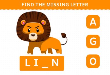 Education game for children find missing letter cute cartoon lion