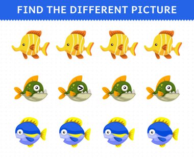 Education game for children find the different picture in each row cute cartoon fish