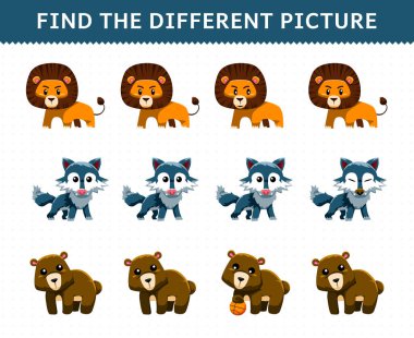 Education game for children find the different picture in each row cute cartoon lion wolf bear