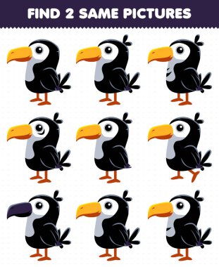 Education game for children find two same pictures cute toucan bird