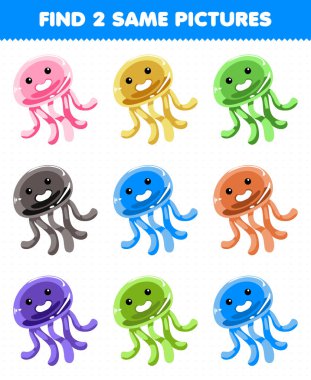 Education game for children find two same pictures cute jellyfish