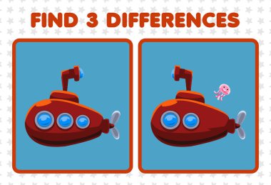 Education game for children find three differences between two cute transportation submarine