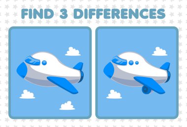 Education game for children find three differences between two cute transportation plane