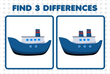 Education game for children find three differences between two cute transportation ferry ship