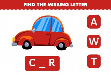 Education game for children find missing letter cute transportation car