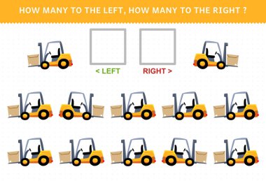 Education game for children of counting left and right picture with cute cartoon forklift