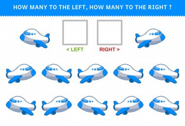 Education game for children of counting left and right picture with cute cartoon plane