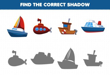 Education game for children find the correct shadow set of water transportation