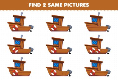 Education game for children find two same pictures transportation wooden ship