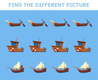 Education game for children find the different picture in each row transportation gondola ship xebec