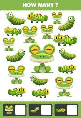 Education game for children searching and counting activity for preschool how many cute green animal frog caterpillar iguana