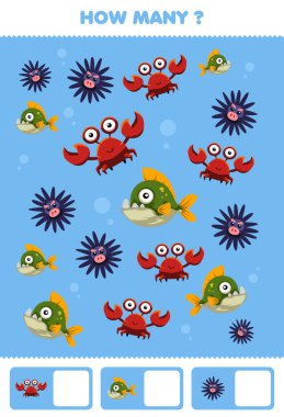 Education game for children searching and counting activity for preschool how many cute underwater animal crab piranha fish urchin